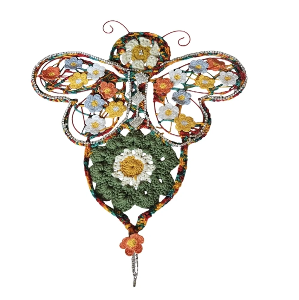 Handmade Summer Bee Floral Holiday Wreath Crochet Multicolor Handmade Wall Art
